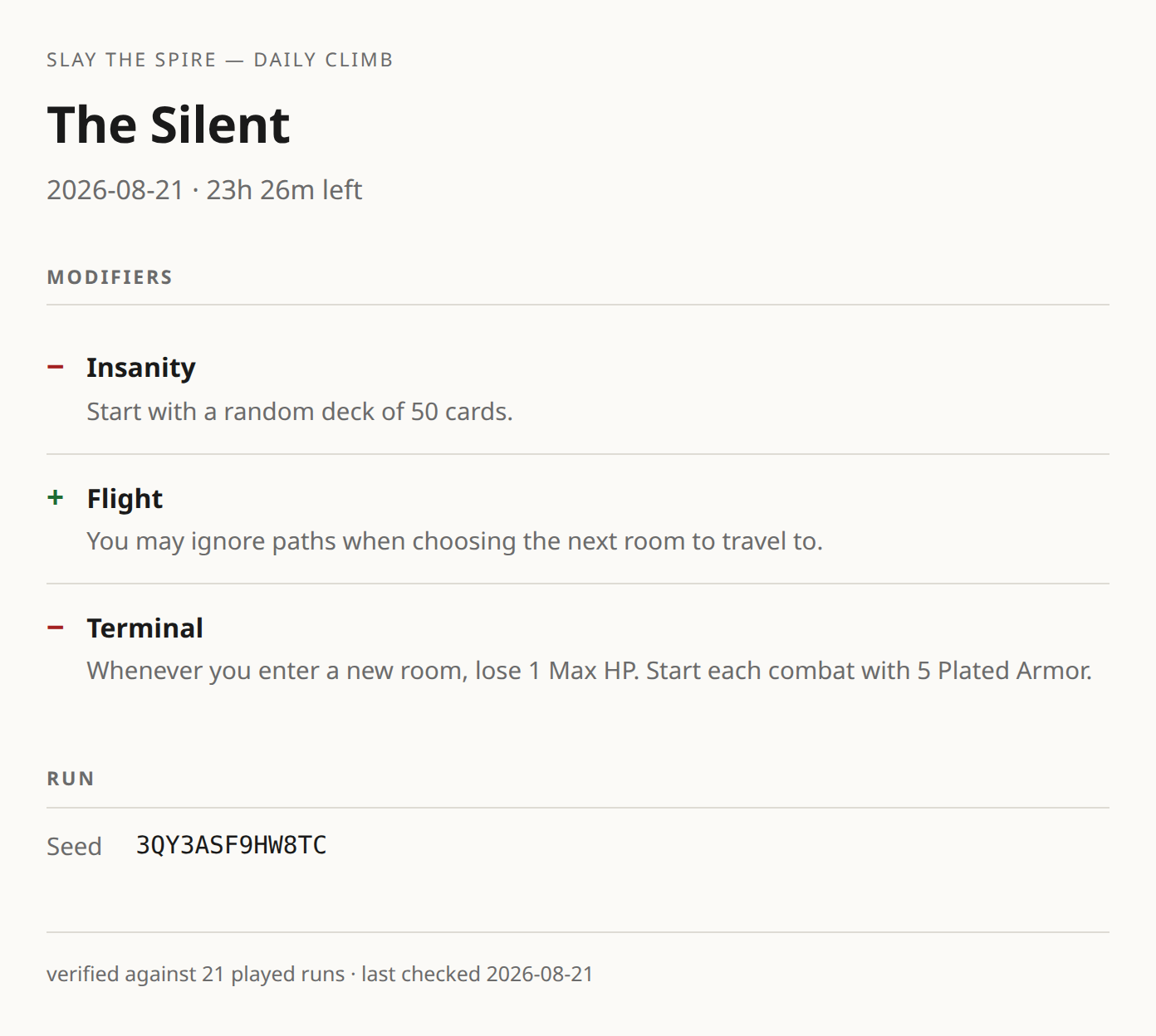 The Daily Climb page: character, three modifiers with descriptions, and the run seed.