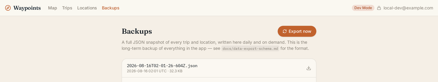 The backups page: every JSON snapshot, with download links and a manual export.